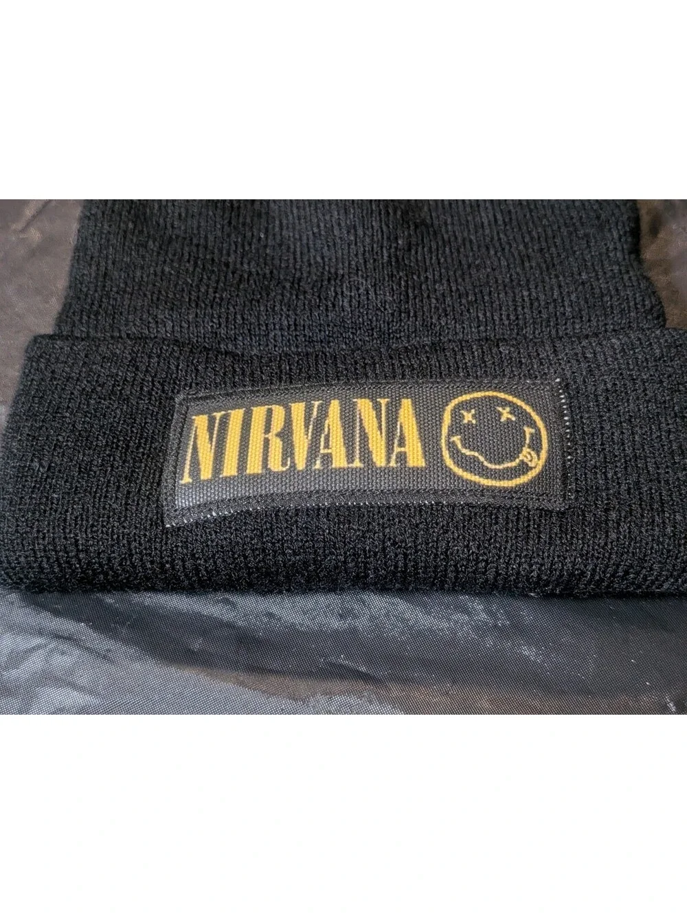 Nirvana Gray Beanie Hat Yellow Text Smiley Grunge Rock Band Merch Knit Cap